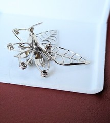 Vintage Silver Tone BLUE Rhinestone Flower LEAVES Open Work PENDANT Pin Brooch