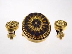 Vintage Unbranded Goldtone Metal and Black Faux Glass Brooch Earrings Set