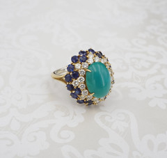 18k Vintage Turquoise Diamond Sapphire Cocktail Dome Ring Sz 6.5 Classic RG4800