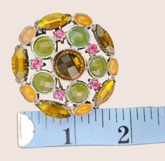 Vintage Round Rhinestone Brooch Green Amber Pink Statement Pin 1.75″ Varied