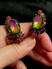 Juliana D&E Purple Green Ruby Watermelon Heliotrope Gold Tone Earrings Stunning