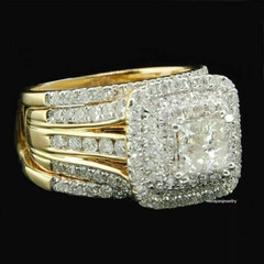 2Ct Princess Cut Real Moissanite Bridal Set Wedding Ring 14K Yellow Gold Finish