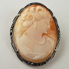 Victorian 800 Silver Cameo Lady Brooch with Marcasite 9.2g [7487]
