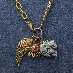 Vtg Brassy Bronzy Necklace & Charms of Mixed Metals: Heart, Flower, Angel Wing