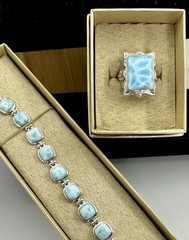 NWT-BBJ Sterling Silver Blue White Pectolite Larimar Ring Matching Bracelet Set