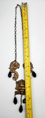 Green Man Art Nouveau Style Stamped Brass Necklace Jet Black Faceted Beads 18″