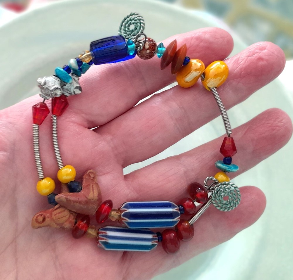 Cluster Bracelet Wire Wrapped Multicolor Beads & Doves Charms Fits All