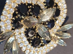 Vintage Rhinestone Brooch Prong Set Gray Black Clear Gold tone Stunning Sparkle