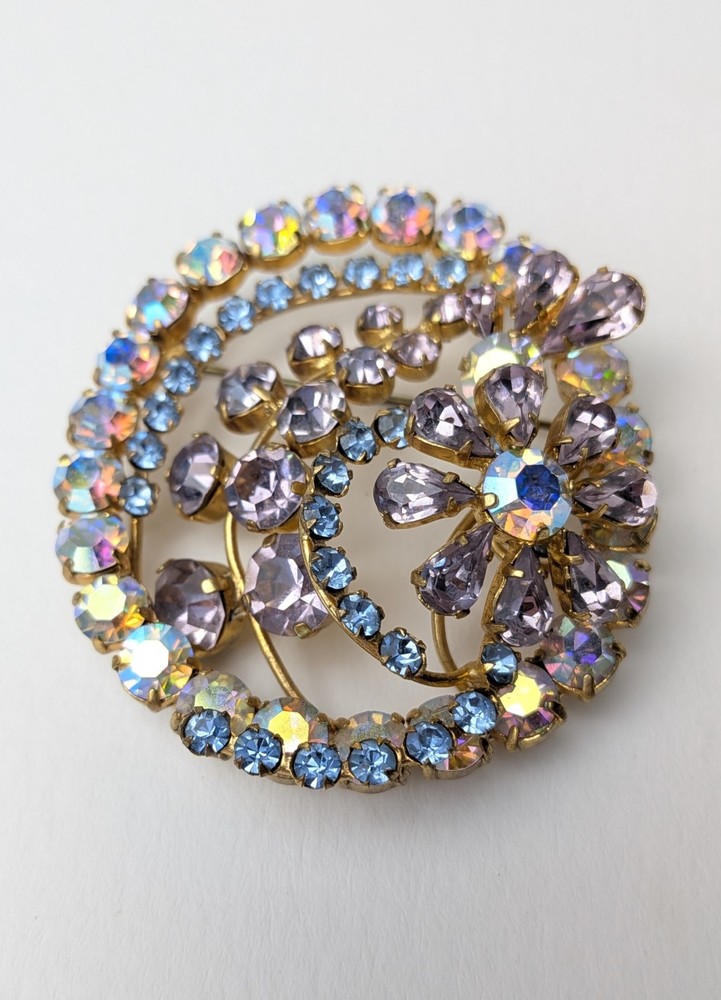 Vintage Lilac & Blue Rhinestone Brooch Floral Swirls Unsigned Gorgeous!!