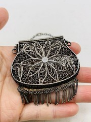 Antique Silver Tone Intricate Filigree Swirl Flower Coin Perfume Purse Pendant
