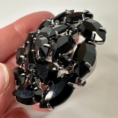 Vintage Jet Black Rhinestone Brooch Silver Tone Marquise Statement Pin