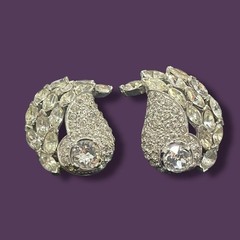 Vtg JOMAZ Earrings Joseph Mazer Clip On Marquis Shaped Rhinestones & Pave Swirls