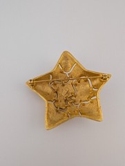 Vintage Signed JJ Brushed Gold Tone White Glass Rhinestone Chunky Star Brooch