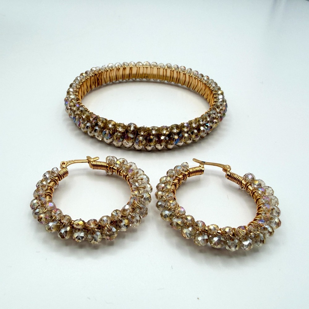 Vintage Gold Tone Beaded Jewelry Set – Wire Wrapped Bangle & Hoop Earrings