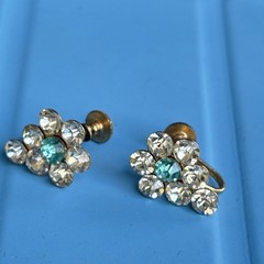 Vintage Crystal Rhinestone Flower Screw Back Earrings Aqua Blue Gold Tone