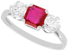 Antique 0.60Ct Burmese Ruby and 0.66Ct Diamond Platinum Trilogy Ring Circa 1915