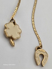 Vintage Monet Lariat Necklace Gold Tone Cream Enamel Good Luck Charms Heart