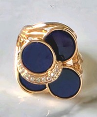 Vtg Womens Round Blue Disk & Rhinestone Cocktail Ring Marked ~ 18kt H.G.E.