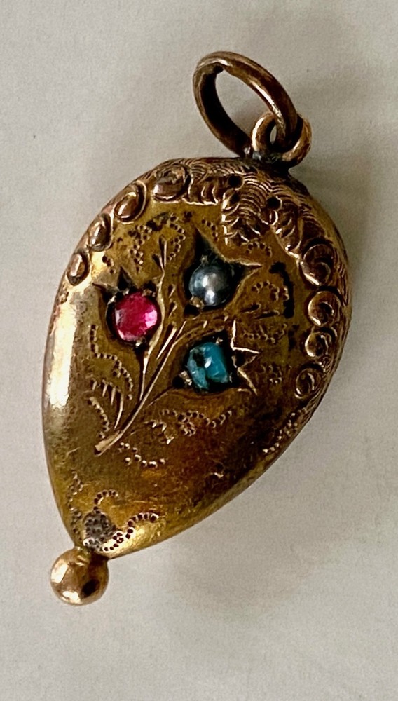 Antique Victorian Vintage Gold, Ruby, Turquoise, Pearl Flower Charm Pendant