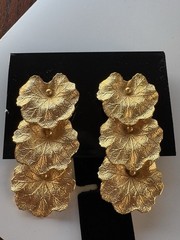 Les Bernard Runway Necklace Earrings Set Statement Signed Lilly Pads Gold Plate