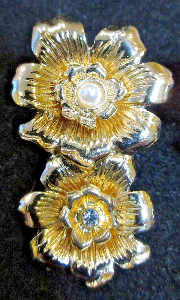 SUGARFIX Signed Gold Tone Metal Rose Earrings Crystal Rhinestone & Faux Pearl