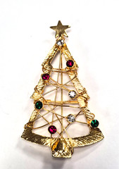 Vintage Open Wire Wrap & Multicolor Rhinestone Christmas Tree Pin / Brooch