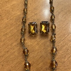 Vintage Czech Large Topaz Amber Faceted Crystal Bead Necklace Clip Earrings Set