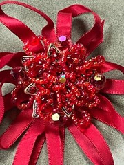 Large Red Beaded Layered Flower w Silk Ribbon Loops Brooch Pin – 3.75 inches in