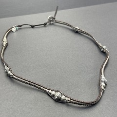 Lucky Brand Woven Brown Silver Tone Bead Necklace Rhinestones 22” Adjusts