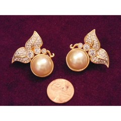 NOS 80s Swarovski Crystal Mabe Pearl Pave Rhinestone Gold Clip Earrings SAL