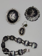 Vintage Sterling Silver Siam Niello Set Bracelet Pendant Brooch + Bonus 925