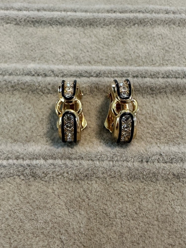 Vtg Signed Swan Swarovski Cuff Huggy Gold Tone Rhinestone Clip On Earrings