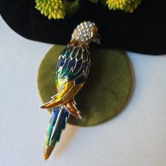 Vintage Large Enameled Glass Rhinestones Colorful Parrot Pin Brooch Retro 4.25″T