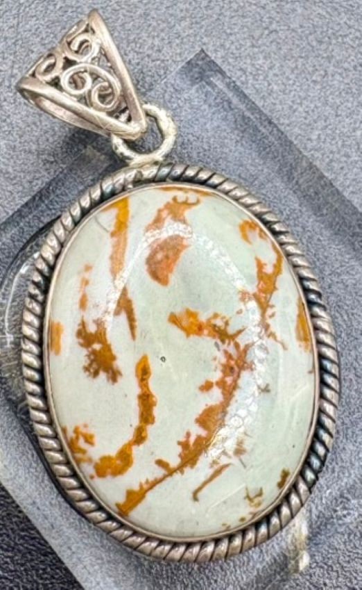 Vintage Sterling Silver Jasper Pendant Large Oval Cabochon Rope Bezel 10.4g