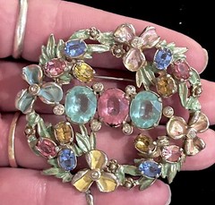 VTG CZECH Large Pastel RHINESTONE Enameled POT METAL BROOCH