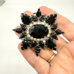 Vintage Brooch Necklace Set Black Glass Clear Rhinestones