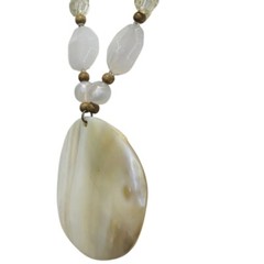 White Shell Necklace Large Pendant Statement 19″ Icy Glass Beaded Bohemian