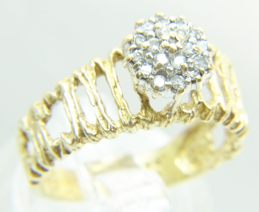 Beautiful Brutalist 14 K Gold Twig 19 Diamond Double Halo Sz 6.5 Cocktail Ring