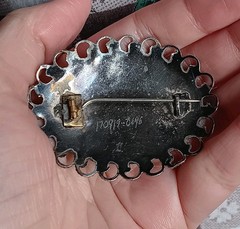 Antique Chinese Brass Turquoise & Coral Oval Brooch