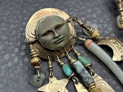 Tabra Gold Filled Man in Moon Face Turquoise Dangle Earrings Boho Celestial
