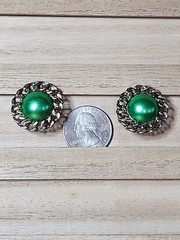 Vtg Green Clip On Earrings Silver Toned Unmarked Oval Fashion Jewlery