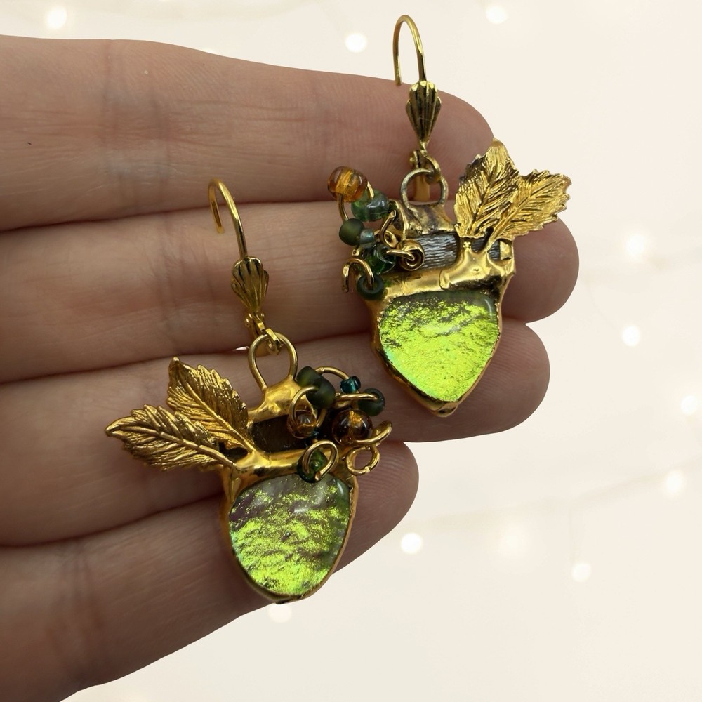 Vintage ARTISAN▪️ Modernist Dichroic Fused Glass Leaf Dangle Earrings GOLD Bead