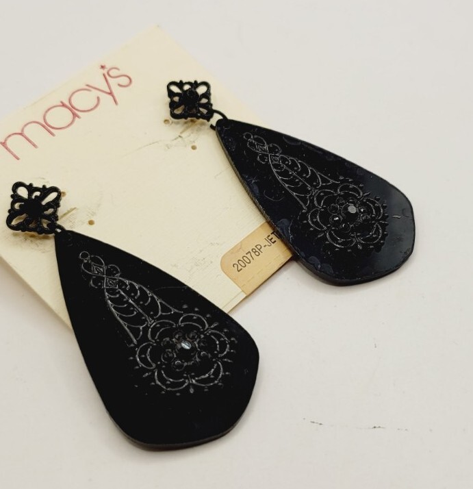 1980s Runway Jeweled Chandelier Earrings BLACK 2.5 in Ornate Vintage #3