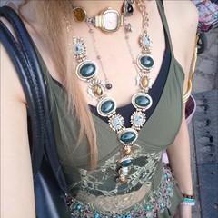 Vintage Glam Green stone Tiger Eye Choker Gold Victorian Statement Necklace gift