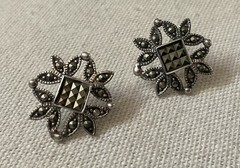 MC Signed Sterling Silver Marcasite Earrings Flowers Post 5/8”