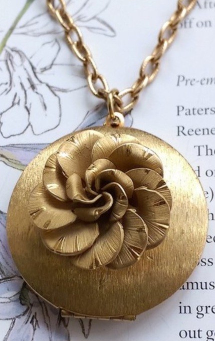 WWII 1940s Locket Necklace Russian Gold Picture Locket Brushed Goldtone Rose