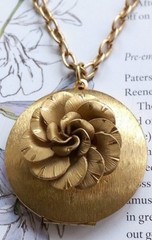 WWII 1940s Locket Necklace Russian Gold Picture Locket Brushed Goldtone Rose