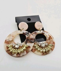Round Acrylic earrings Multicolored tortoise Pattern Rhinestone Accent 2.25 in