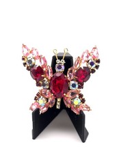 Vintage Gold Tone Red Pink Aurora Borealis Butterfly Rhinestoone Brooch Pin
