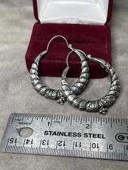 Estate Antique Elegant Sterling Silver Ornate Pierced Hoop Earrings